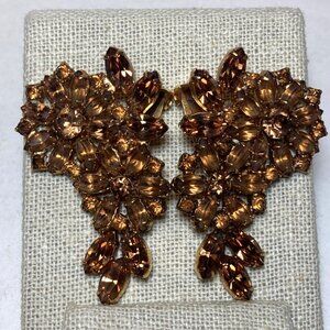 Weiss Vintage Amber Rhinestone Floral Clip-On Earrings Gold Tone